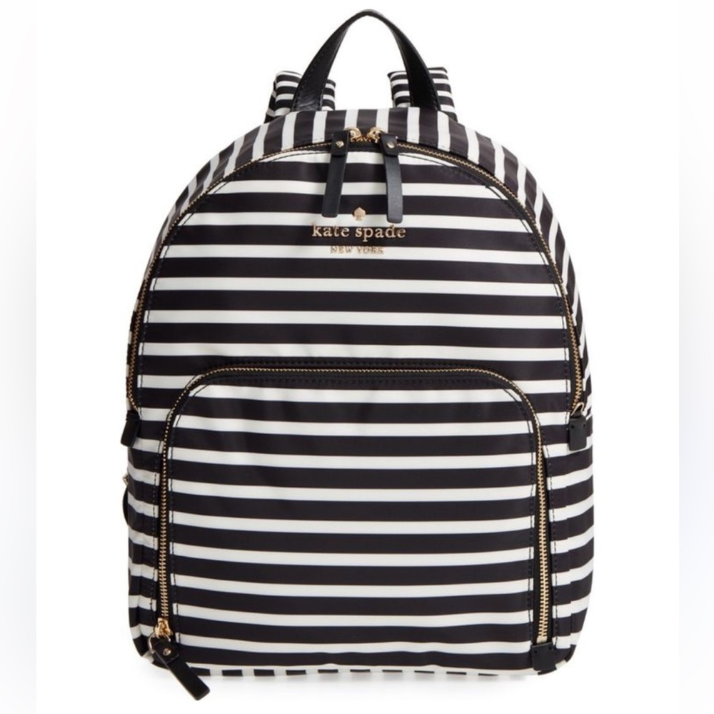 Kate Spade nylon black and white stripe backpack with gold color hardware EUC
